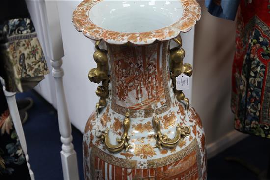 A large Chinese Canton-decorated coral red and gilt decorated vase, 19th century, 89cm, damaged